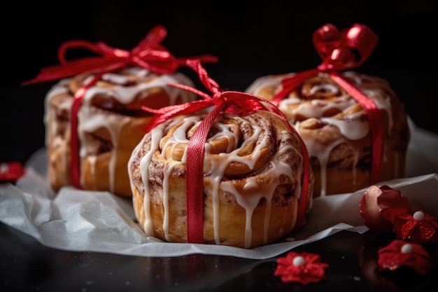 Festliche Zimtschnecken, eingewickelt und mit einem roten Band zusammengebunden