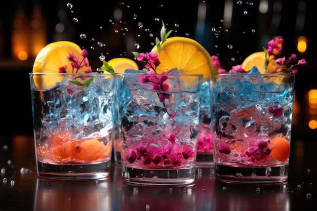 Festlicher Cocktail mit bunten Eiswürfeln in glänzenden Gläsern generativ IA
