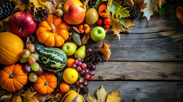 Festlicher Erntegenuss. Herbstliche Früchte und Gemüse schmücken rustikales Holz für ein großzügiges Dankeschön