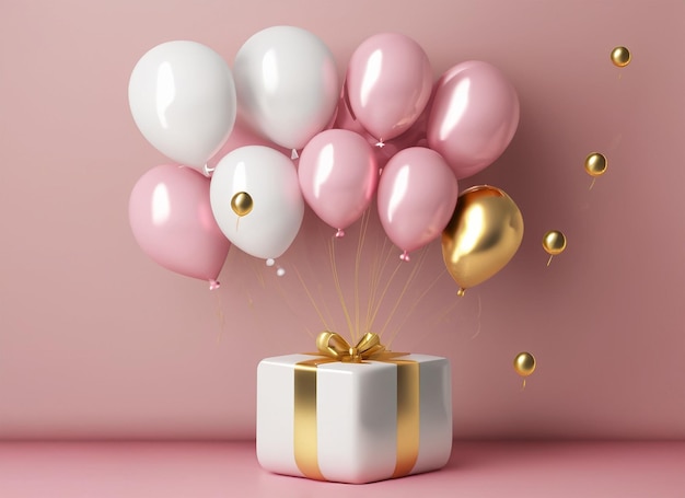 Festlicher Geburtstag mit Geschenkkarton, weiß-rosa und goldfarbener Heliumballon-Hintergrund