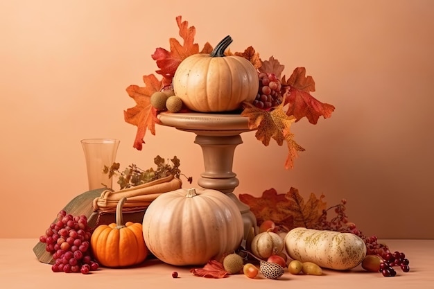 Festlicher Herbsttisch, geschmückt mit Kürbissen und Herbstdekorationen, die mit generativer KI-Technologie erstellt wurden