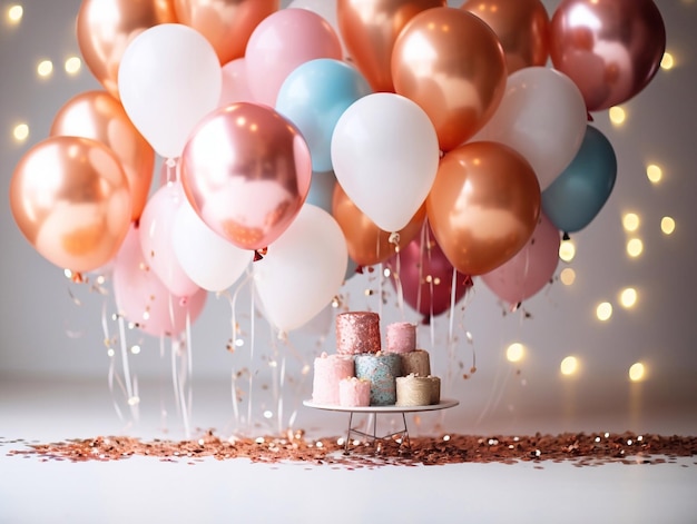 Festlicher Hintergrund aus Luftballons, Konfetti und Bokeh für Fotohintergrund für kleine Mädchen mit Luftballons