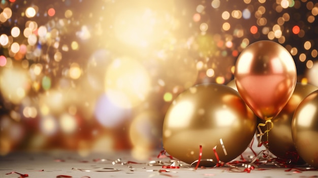 Festlicher Hintergrund der Neujahrsfeier mit fallenden Konfetti-Ballons und Bokeh-Lichtern