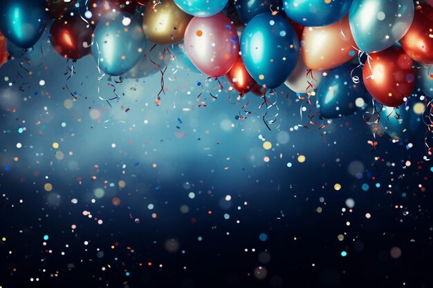 Foto festlicher hintergrund mit ballons und konfetti mit verschwommenem hintergrund und bokeh-lichtern