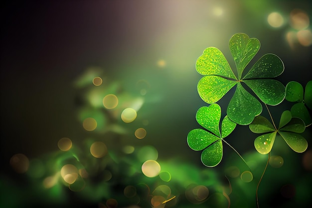 Festlicher Hintergrund mit glänzenden Kleeblättern und goldenem Bokeh Hintergrund zum St. Patrick's Day Generative KI-Illustration