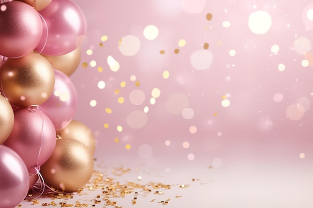 Festlicher Hintergrund mit goldenen und rosa Ballons und Konfetti Hintergrund mit Kopierraum