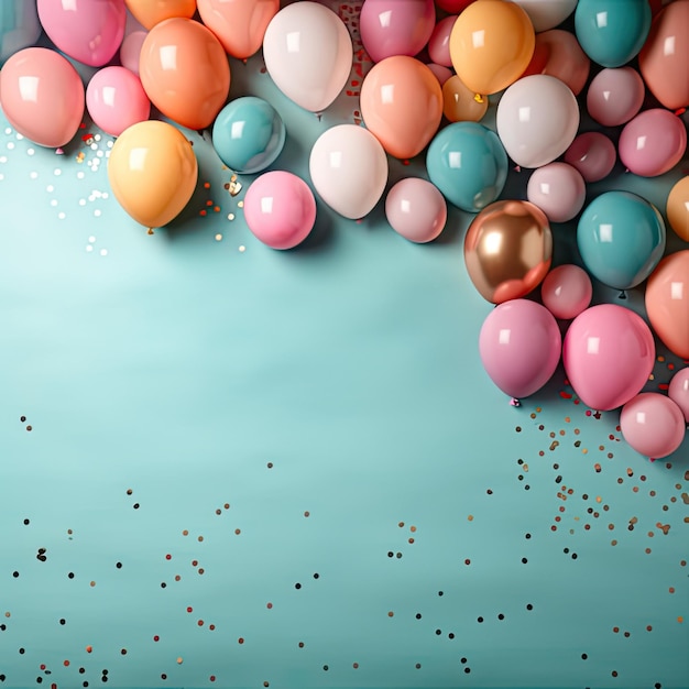 Festlicher Hintergrund mit Luftballons und Konfetti, blau-rosa und goldfarbene Lichtdesign-Vorlage