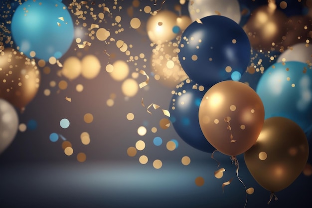 Foto festlicher hintergrund mit luftballons und konfetti mit verschwommenem hintergrund und bokeh-lichtern generative ki