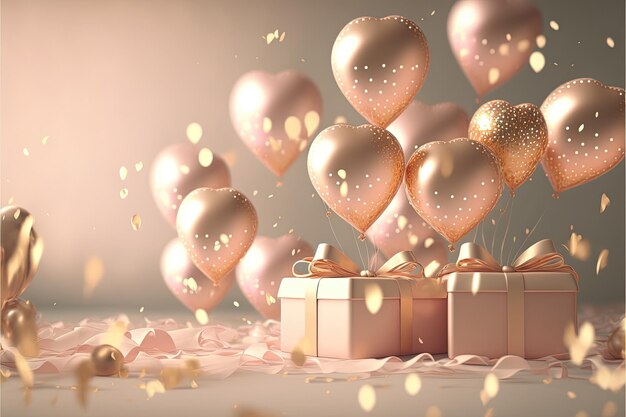 Festlicher Hintergrund mit metallischen grünen und silbernen Ballons und Geschenken für Neujahr oder Valentinstag oder andere Feiertage