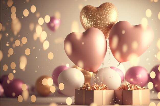 Festlicher Hintergrund mit metallischen grünen und silbernen Ballons und Geschenken für Neujahr oder Valentinstag oder andere Feiertage