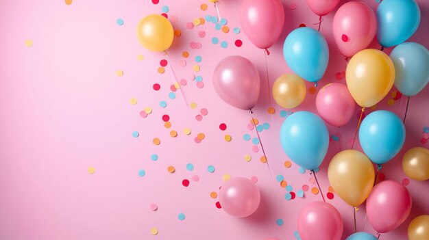 Festlicher Hintergrund mit pastellfarbenen Ballons und mehrfarbigen Konfetti auf einem rosa Gradienten, geeignet für Bi