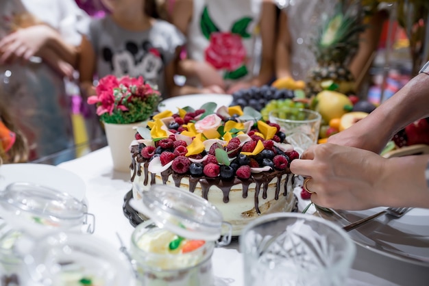 Festlicher Kuchen mit Schokolade und Früchten