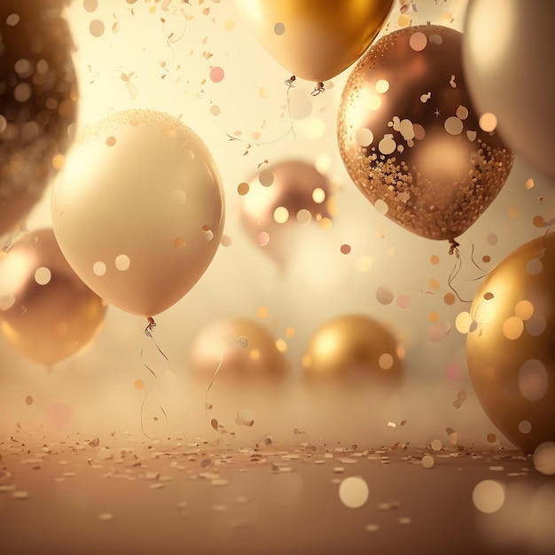 Festlicher Luxushintergrund mit goldenen aufblasbaren Ballons Konfetti verschwommener Hintergrund mit Bokeh-Effekt Ai erzeugt