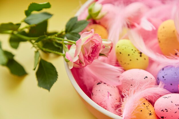 Festlicher Osterhintergrund Rosa Schale mit bunten Eiern, rosa Federn und rosa Rose Frohes Osterkonzept Postkarte auf gelbem Hintergrund