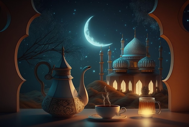 Festlicher Ramadan-Kareem-Fotohintergrund mit einer Tasse Tee und Datteln für das Iftar-Menü Generative KI-Illustration