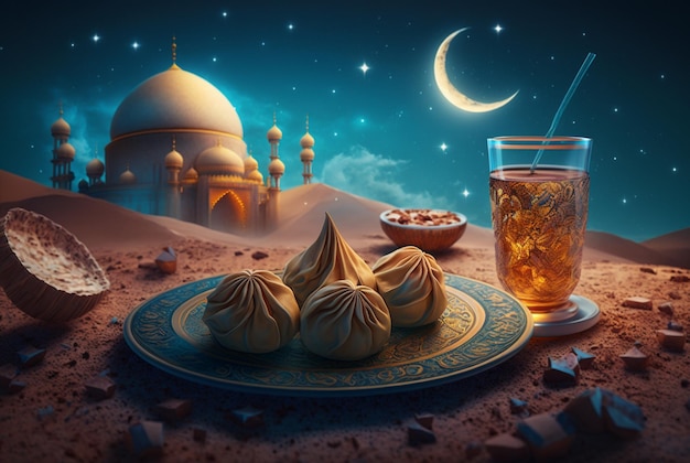 Festlicher Ramadan-Kareem-Fotohintergrund mit einer Tasse Tee und Datteln für das Iftar-Menü Generative KI-Illustration