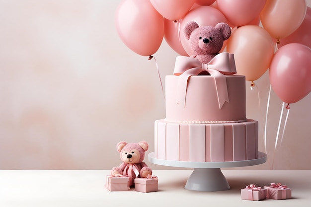 Festlicher rosa Kuchen mit einem Bogen und einem Bären auf einem Hintergrund aus Ballons
