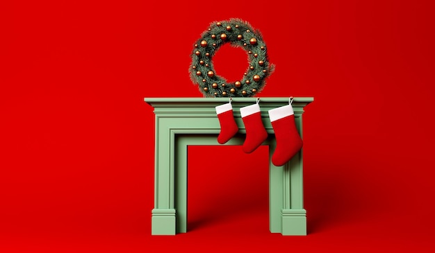Festlicher Strumpf, der zu Weihnachten an einem Kamin hängt, mit Kranz Minimales Design 3D-Rendering