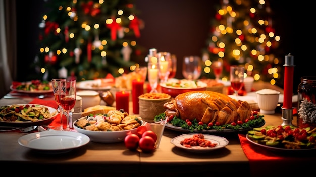 festlicher Tisch mit Weihnachtsdekoration, Champagner und Kekse am Silvesterabend