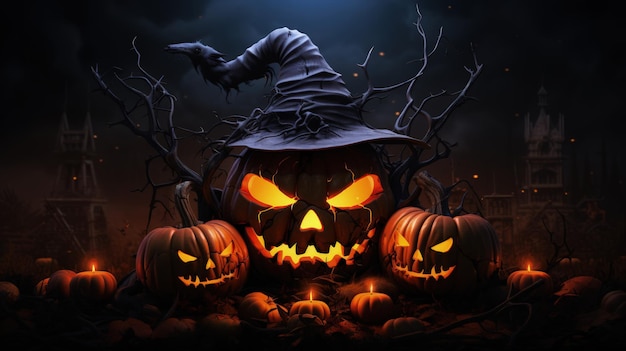 Festlicher und gruseliger Geist von Halloween-Kürbis, dunkler Hintergrund, generative KI