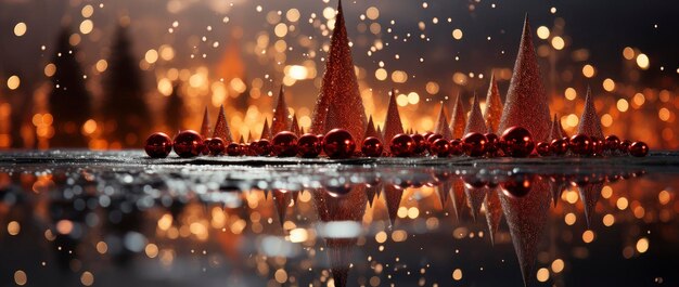 Festlicher Urlaubs-Hintergrund mit glitzernden Bäumen, bunten Schmuckstücken und Bokeh-Lichtern in einer schneebedeckten Nacht