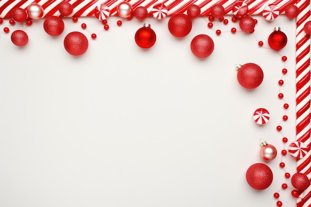Festlicher Weihnachts-Hintergrund mit Zuckerrohr und Ornamenten im roten Stil Generative KI