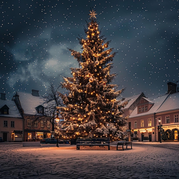 Festlicher Weihnachtsbaum auf dem Snowy Town Square