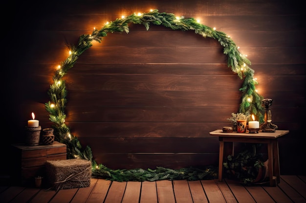 Festlicher Weihnachtskranz mit funkelnden Lichtern auf einem rustikalen Holzboden
