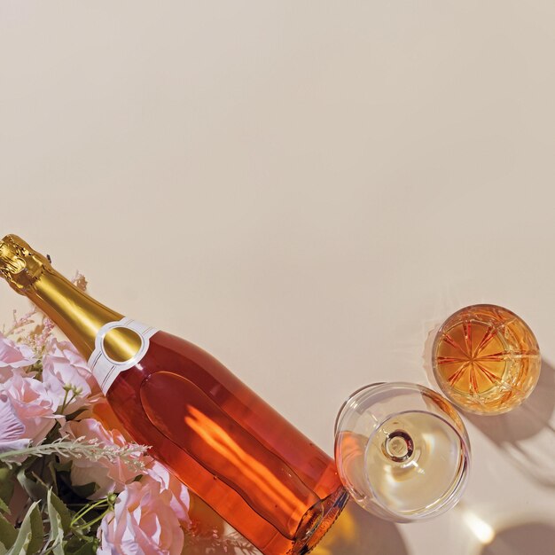 Festliches Arrangement mit Blumen und einer Flasche Champagner