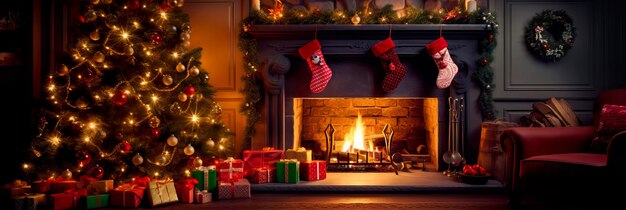 Foto festliches banner mit einer gemütlichen wohnzimmerszene, die einen geschmückten weihnachtsbaum und weihnachtsstrümpfe am kamin zeigt