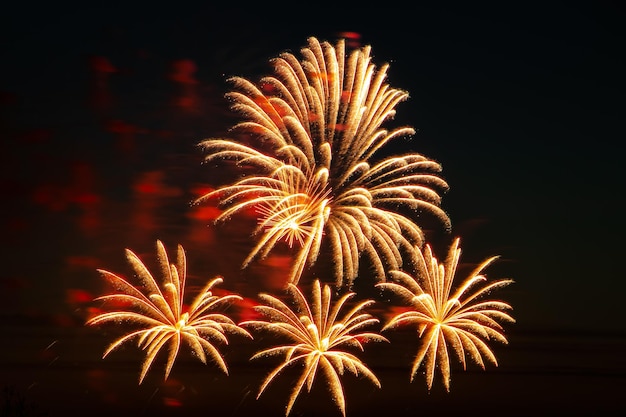 Festliches Feuerwerk am Nachthimmel Heller bunter Gruß auf schwarzem Hintergrund Platz für Text