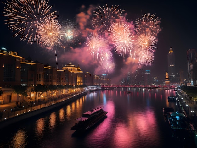 Festliches Feuerwerk in der Stadt Das Stadtdeich reflektiert die festlichen Lichter