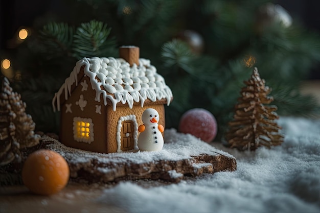 Festliches Lebkuchenhaus mit einem fröhlichen Schneemann im Vordergrund. Generative KI