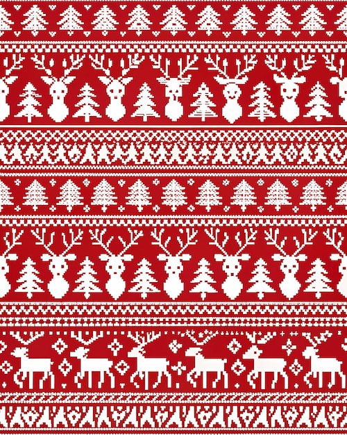 Festliches rot-weiß pixelliertes Weihnachtsrentier- und Baummuster