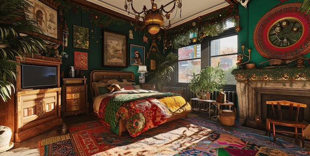Festliches Schlafzimmer eines Volksliebhabers Mischung aus Stilen und Materialien Generative Ai