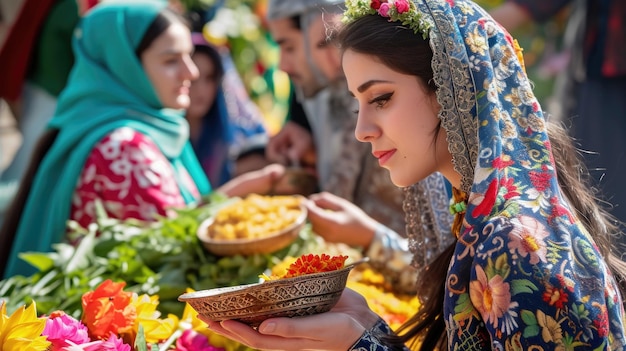 Festliches Treffen in Nowruz mit traditioneller persischer Kleidung und Speisen