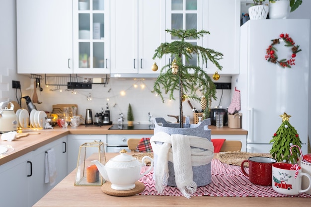 Festliches Weihnachtsdekor in weißer Küche festliches Frühstück weißes Scandi-Interieur Araucaria als Weihnachtsbaum ist geschmückt und in einen Schal und Filzpflanzer gehüllt Neujahrsstimmung gemütliches Zuhause