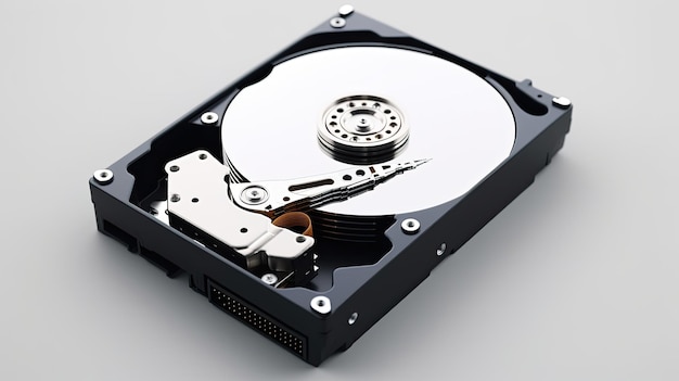 Festplattenlaufwerk HDD mit Binärdaten 3D-Rendering einer isolierten Festplatte auf weißem Hintergrund zur Sicherung