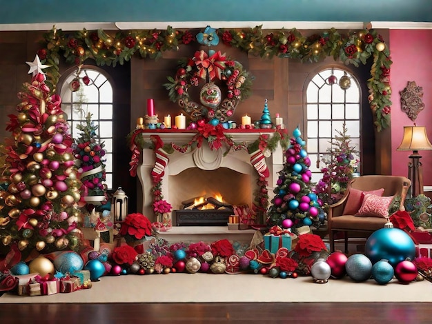 Festzimmer mit Kamin und Weihnachtsdekor