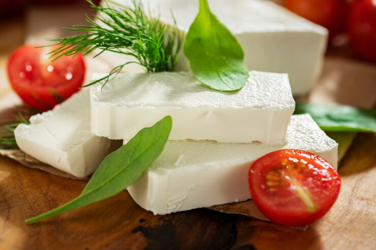 Foto feta de queijo grego com endro e tomate cereja na tábua de corte close-up