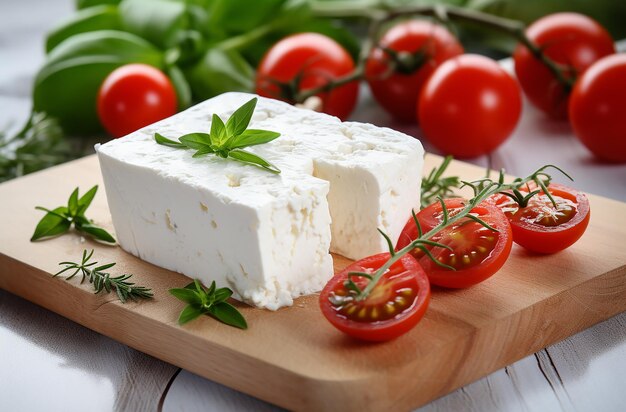 Feta-Käse aus dem Mittelmeerraum mit Tomaten auf einem weißen Holzbrett