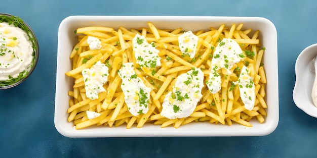 Feta-Käse-Frites, handgeschnittene Frites, Feta-Kräuter, Zitronen-, Knoblauch-Emulsion auf dem Holztisch