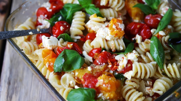 Feta-Tomaten-Nudeln in Glasform auf einer Holzoberfläche