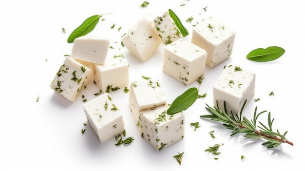 Foto feta-würfel mit isolierten kräutern auf weißem hintergrund