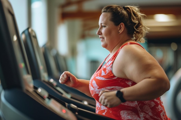 Foto fette frau läuft auf dem laufband im fitnessstudio bokeh-stil hintergrund