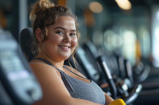 Fette positive Frau trainiert im Fitnessstudio und lächelt, während sie auf einem Laufband trainiert