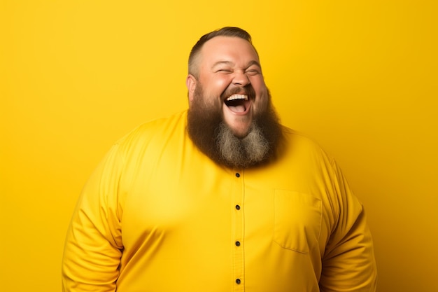 Fetter bärtiger Mann in gelber Kleidung lächelt auf gelben Hintergrund