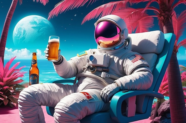 Fettes Porträtfoto eines Astronauten, der sich in einem tropischen Ferienort im Weltraum mit einer Bierdampfmaschine entspannt