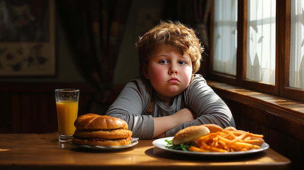 Foto fettleibiger, übergewichtiger junge sitzt am tisch. ein sehr dicker, weißer teenager-junge isst fast food