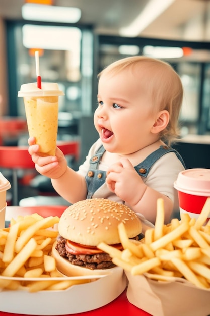 Fettleibiges junges Mädchen, das Fastfood-Hamburger-Pommes-Frites isst, ungesunde Ernährungskonzeptillustration